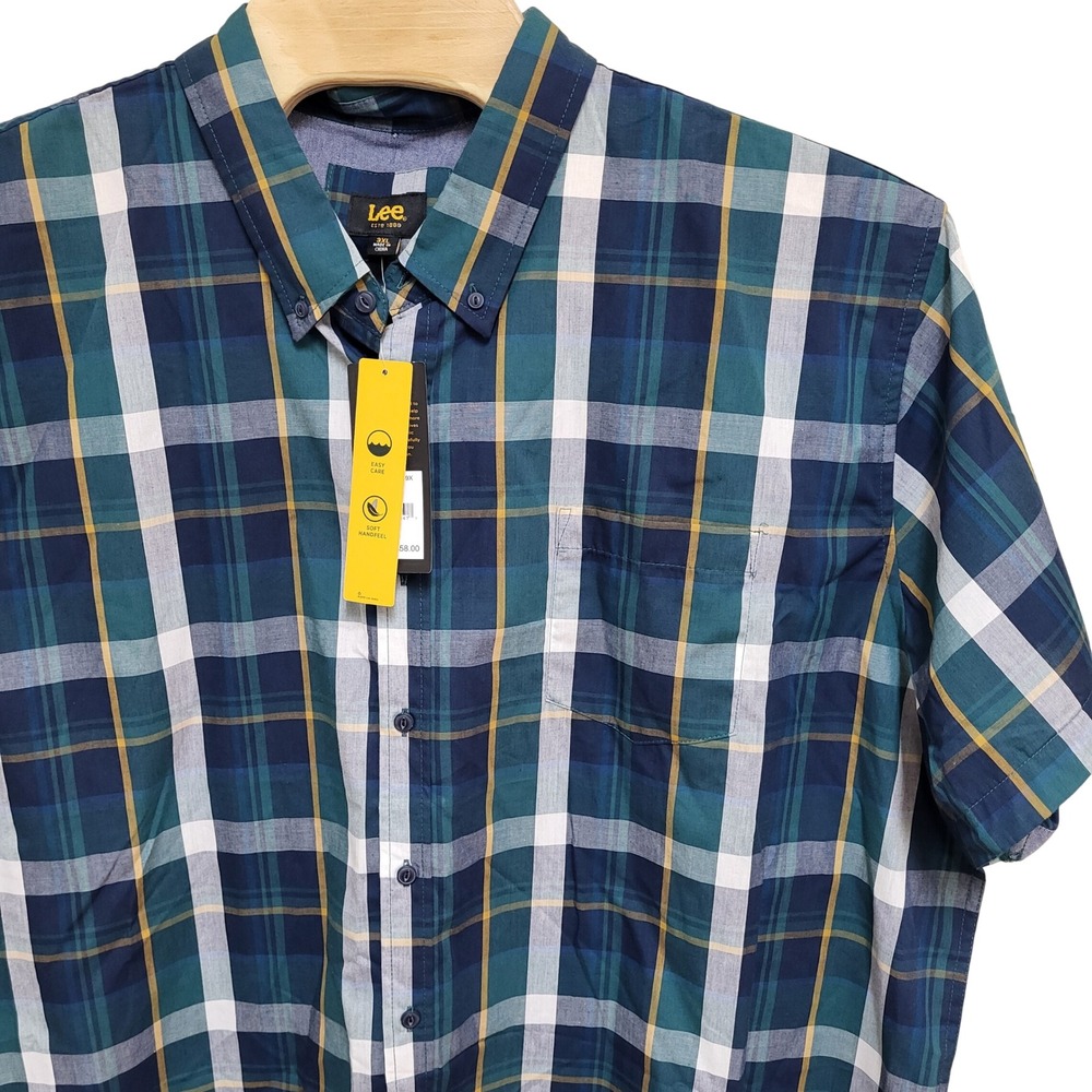 Lee Mens Plaid Short Sleeve Button Down Shirt Navy Teal 3XL LM32SW249X NWT